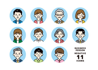 オフィスで働く、ネガティブな表情のビジネスパーソンのアバターアイコン素材セット＿円形＿ベクター＿カラー