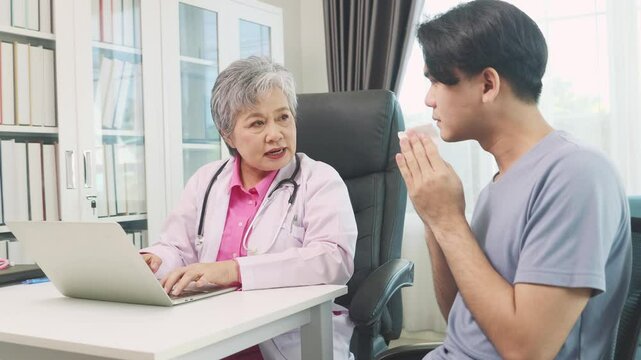 Female doctor provides treatment and diagnosis for male patient who is sick and has runny nose in order to examine him and request medical certificate in the clinic : Man takes leave to see a doctor.