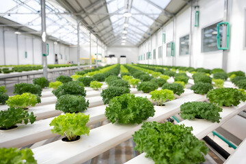 Modern hydroponic farm inside a climate-controlled facility, rows of leafy greens suspended in nutrient solutions, sterile and sleek environment, isolated background