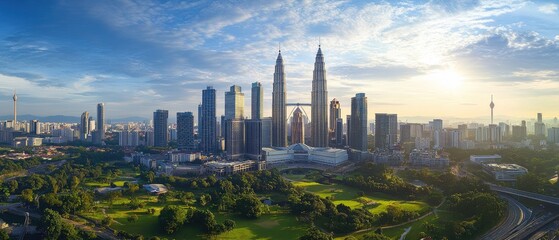 Obraz premium Panoramic view of a modern city skyline at sunrise, with parks and golf courses interspersed