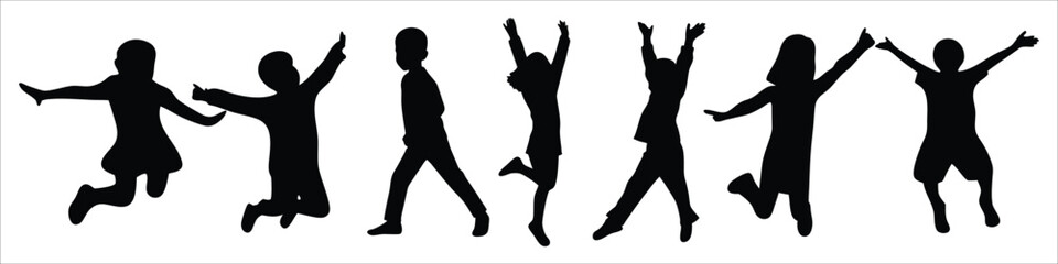 Silhouettes of playful children expressing joy and movement in a line