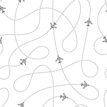 Seamless Pattern of Black Outlined Airplane Icons With Dashed Lines Representing Their Flight Paths, Transparent Background