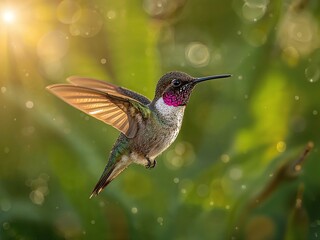 Fototapeta premium Backlit Hummingbird Hovering Over Bloom with Sunlit Dew and Fine Feather Texture