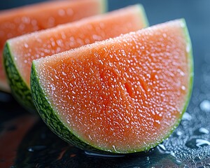 Close-up of watermelon slices.  Fresh, juicy slices of watermelon, glistening with water droplets, displayed on a dark surface