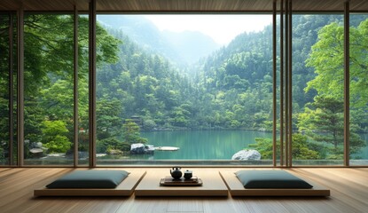 Tranquil Japanese-style room with a lake view
