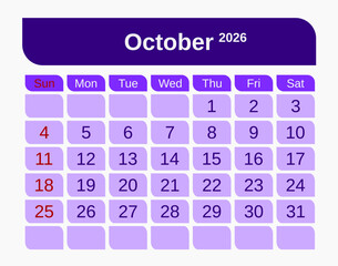 Letter calendar for October 2026. The week begins on Sunday. Time, planning, schedule concept, and includes notes. Flat design. Removable calendar for the month. Red and white color. Vector illustrati