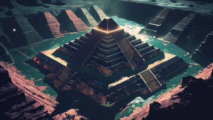 Futuristic landscape depicting ancient mesoamerican pyramid structures surrounded by flooded canals