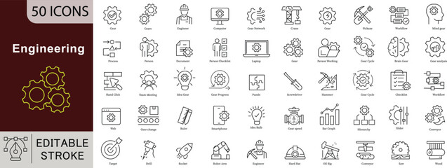 Engineering Line Icons Set - 50 Editable Vector Symbols for Technical Innovation Development Design Projects