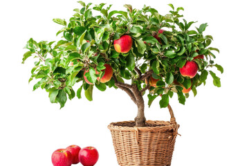 Apple tree with basket tied to branch isoleted on white background