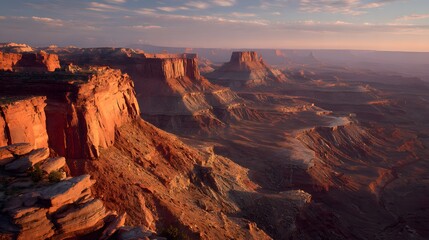 Naklejka premium Canyonlands National Park Utah Mesmerizing Landscape of Red Rock Formations Bathed in Golden Light Breathtaking Views of Rugged Beauty and Desert Splendor