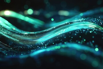 Abstract, glowing teal waves with shimmering particles