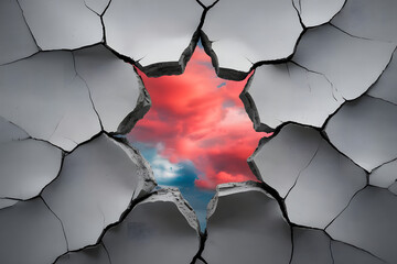 A cracked wall revealing a second hidden world inside � bright, vibrant, and surreal � peeking through the break in dull concrete
