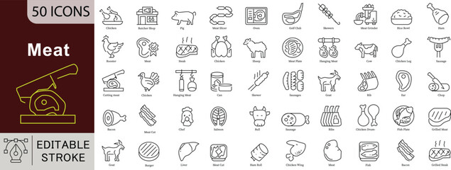 Meat Butcher Line Icons Set - 50 Editable Vector Symbols for Restaurant Kitchen Cooking Culinary Design Projects