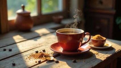 Aromatic Morning Brew Steaming Cup of Coffee with Sweetener on Rustic Wooden Table in Sunlight