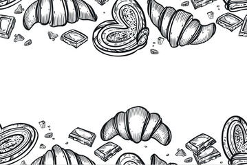 Seamless pastry-themed border, fresh sweet buns, croissants, chocolate wedges. All objects are hand-drawn in vector. The illustration is suitable for printing on fabric, paper, design confectionery.