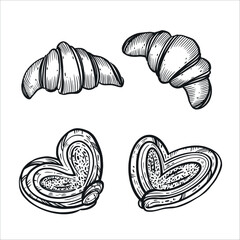 A set of vector illustrations. Buns, sweet buns, croissants, all objects are hand-drawn in vector ink. The illustration is suitable for the design of bakeries, confectioneries, and food packaging.