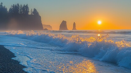 Coastal sunset over rocky beach. Waves crash at shoreline