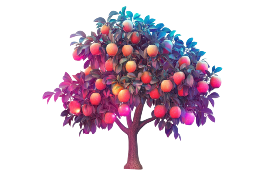 Apple tree with neon glowing fruits isoleted on white background