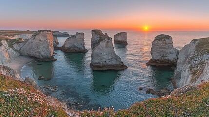 Coastal sunset panorama with dramatic rock formations. Sunrise hues paint the sky over a tranquil bay, featuring several prominent, light-colored, craggy rocks rising from the water.