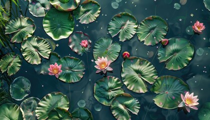 Delicate pink lotus flowers on tranquil water lilies.