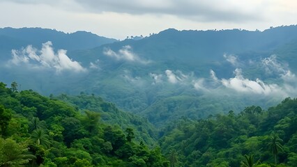 Majestic morning mountain landscape with a serene forest, distant hills, and clouds embracing the peaks