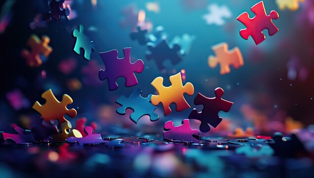 Colorful puzzle pieces float and fall in a vibrant, digital scene - Powered by Adobe