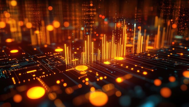 Abstract cityscape of glowing orange/yellow data streams on a circuit board