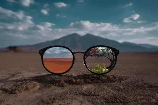 A pair of eyeglasses reflecting two different worlds � one side a desert, the other a blooming forest � with no face behind them, surreal contrast of perception