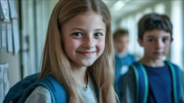 Two students wearing backpacks smiling at camera, possibly in a classroom or hallway setting.