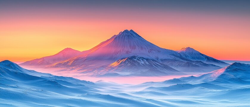 Colorful mountain range at sunrise, snow-capped peaks, misty valleys