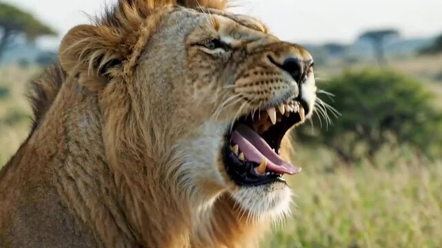 A slow motion video capturing a majestic lion roaring in the savana