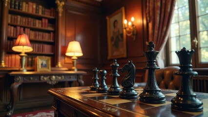 A strategic game unfolds on a rich mahogany chessboard, within a refined study featuring antique bookshelves and warm lamplight