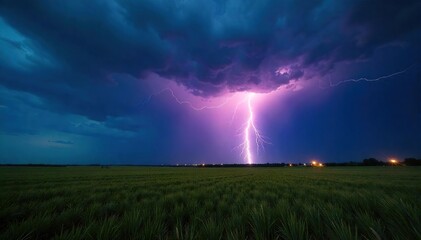 Dramatic Lightning Strike Illuminates Stormy Night Sky Over Open Field; Powerful Thunderstorm, Raw Nature Photography