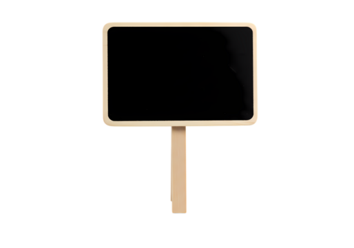 Blank Mini Chalkboard Sign on Wooden Stand isolated on transparent background