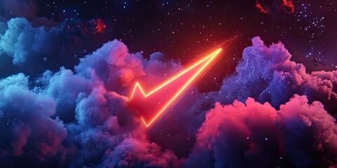 Neon checkmark against a backdrop of swirling clouds