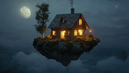 Floating cabin at night, moonlit clouds