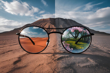 A pair of eyeglasses reflecting two different worlds � one side a desert, the other a blooming forest � with no face behind them, surreal contrast of perception