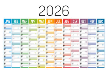 Year 2026 colorful wall calendar on white background, English language, vector template