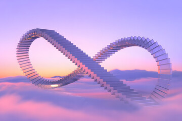 A staircase that twists into an infinity symbol, made of glowing glass tiles, suspended in a dreamlike sky with soft clouds