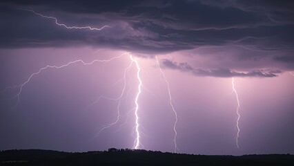 Night's electrical energy flashes across the stormy city sky, a powerful bolt of nature's light
