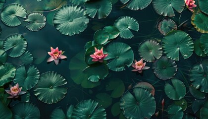 Pink lotus flowers in a dark water garden.