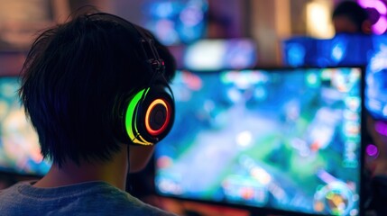 Intense Gaming Session: Focused Gamer with RGB Headphones in Action