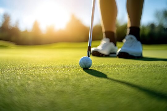 Golf ball poised on green, putter close-up