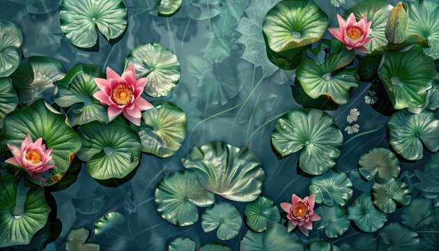 Pink lotus flowers resting on dark water lilies. - Powered by Adobe