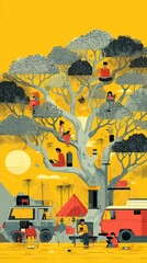 Colorful adventure: multicultural campers relaxing around a huge tree in vibrant outdoor scene