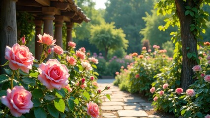 Fototapeta premium A sunlit garden path meanders through a vibrant array of blooming pink roses, their delicate petals bathed in the warm glow of the morning sun, creating a serene and picturesque landscape.