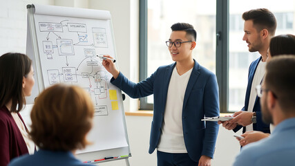 A systems analyst presenting an integration flowchart to clients in a meeting room