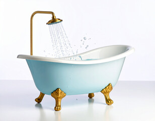 Elegant clawfoot tub with golden shower head and flowing water on white background