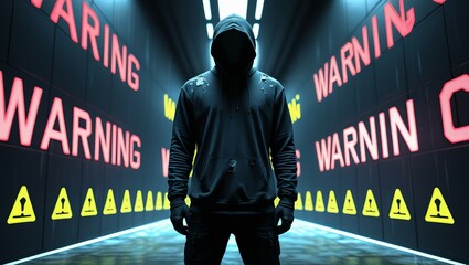 A mysterious figure in a black hoodie stands in a neon-lit corridor with prominent warning signs, creating an intense mood.