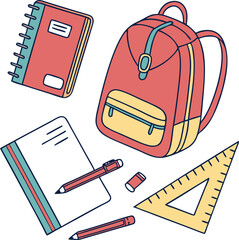 A vibrant and cheerful illustration of various back-to-school supplies, including a notebook, backpack, pencils, and a ruler.